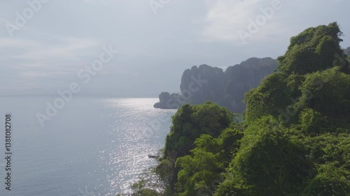 drone shot of a beach with crystal clear blue water and limestone cliffs in Krabi, Thailand. Railay Beach.