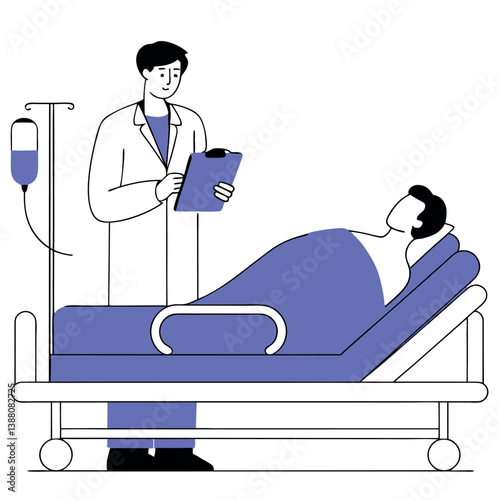 Cartoon doctor with sleeping sick man in bed vector illustration.