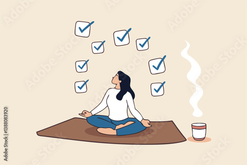 Work focus, concentration to complete tasks, efficiency or productivity success, multitasking, organize or planning to finish work concept, businesswoman meditate focus on work completed checkbox.