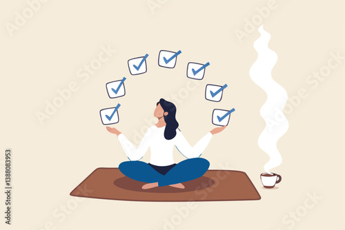 Work focus, concentration to complete tasks, efficiency or productivity success, multitasking, organize or planning to finish work concept, businesswoman meditate focus on work completed checkbox.