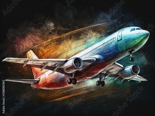 Wallpaper Mural Hand Drawn Airplane, Black Background, Passenger Jet, Aviation Illustration, Sketch, Aircraft Drawing Torontodigital.ca