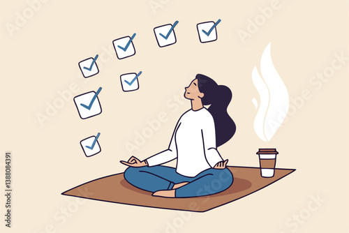 Work focus, concentration to complete tasks, efficiency or productivity success, multitasking, organize or planning to finish work concept, businesswoman meditate focus on work completed checkbox.