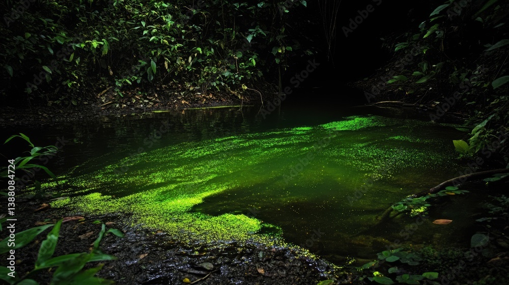 Obraz premium Glowing bioluminescent algae illuminating in dark water