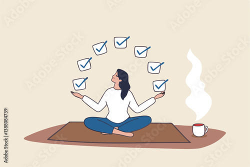 Work focus, concentration to complete tasks, efficiency or productivity success, multitasking, organize or planning to finish work concept, businesswoman meditate focus on work completed checkbox.