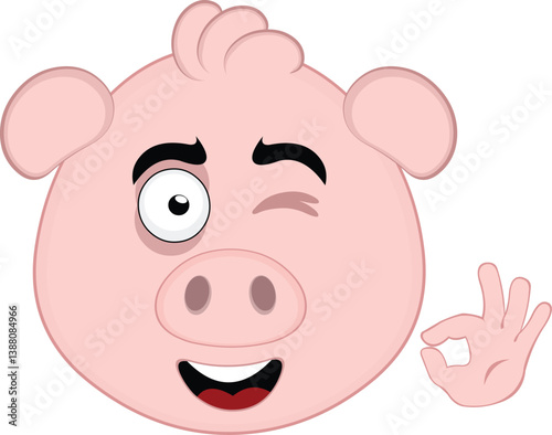 vector illustration emoji character face pig cartoon, winking eye and with his hand making an ok or perfect gesture