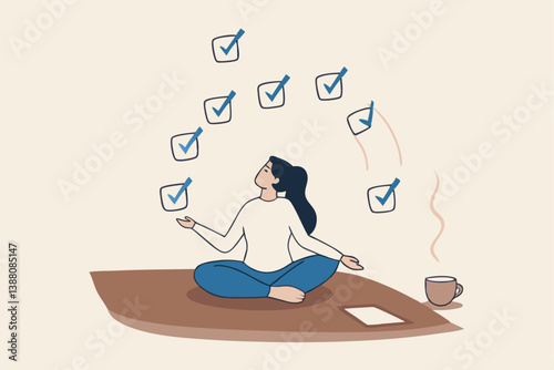 Work focus, concentration to complete tasks, efficiency or productivity success, multitasking, organize or planning to finish work concept, businesswoman meditate focus on work completed checkbox.