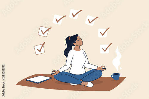 Work focus, concentration to complete tasks, efficiency or productivity success, multitasking, organize or planning to finish work concept, businesswoman meditate focus on work completed checkbox.