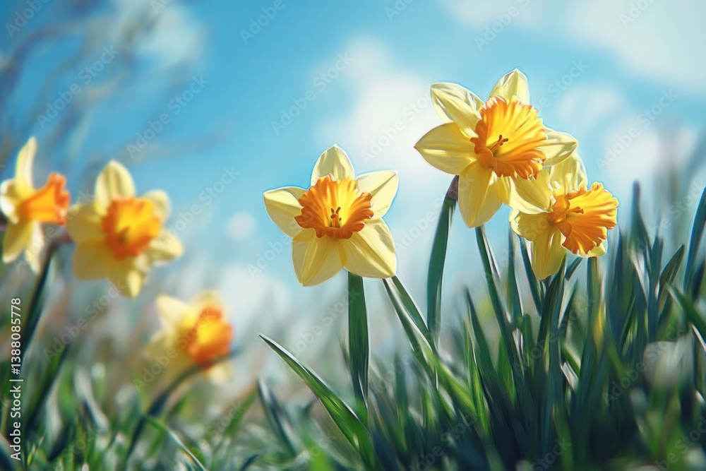 Beautiful yellow daffodils blooming in a sunlit garden with blue skies