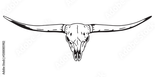 Texas Longhorn, Country Western Bull Cattle Vintage Label Logo Design. Vector hand drawing of the head of a Texas longhorn on a white background