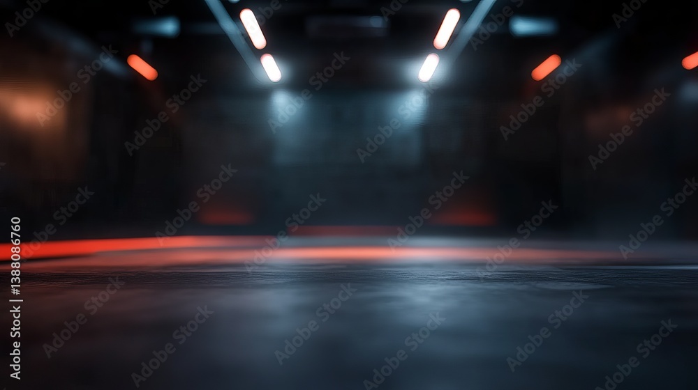 A dimly lit, industrial space with glowing blue and orange lights creating a moody atmosphere. A dimly lit, industrial space with glowing blue and orange lights creating a moody atmosphere.