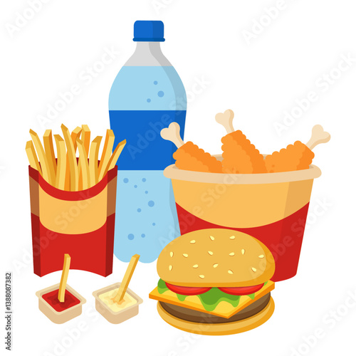 Fast Food Combo - Crispy Chicken, Hamburger, Soda, and French Fries. Vector Illustration