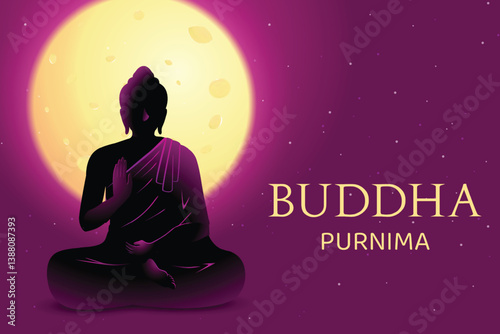 Buddha's Silhouette Meditating With Full Moon Behind On Dark Pink Background. Concept Design Vector Illustration For  Buddha Purnima Festival.
