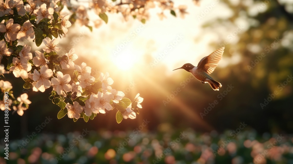 Fototapeta premium Hummingbird in Sunlit Blooming Garden Captured at Golden Hour