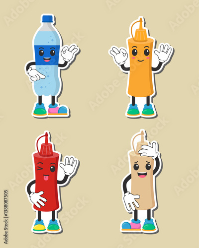 Kawaii Fast Food Stickers - Fun Sauces and Drinks. Vector Illustration
