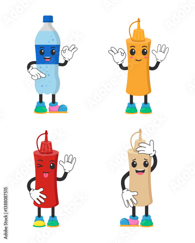 Kawaii-Style Fast Food - Cute Sauces and Drinks. Vector Illustration
