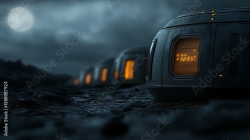 Futuristic lunar habitat pods illuminated under a full moon, surrounded by a desolate, rocky landscape at night.