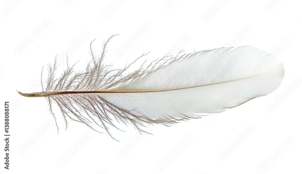 Obraz premium A single white feather floating in mid-air against a pure white background, soft lighting accentuating delicate curves and wispy texture, minimalist elegance.