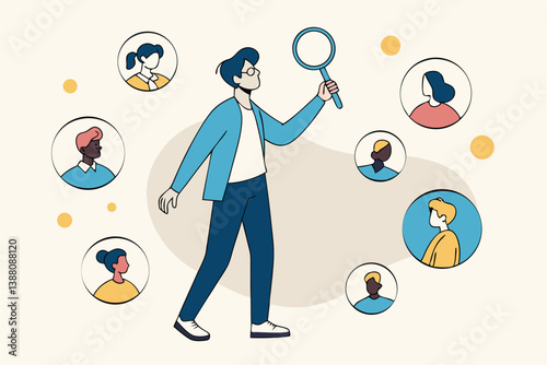 Recruitment finding candidate for job applicant, human resources HR analyze or scan candidate winner, search new people for job opportunity concept, HR recruiter magnifying glass analyze candidate.