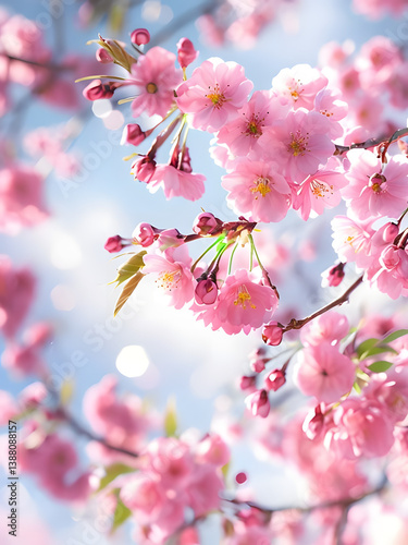 pink cherry blossom in spring, Cherry Blossom Branches In Full Bloom Against A Soft Sky