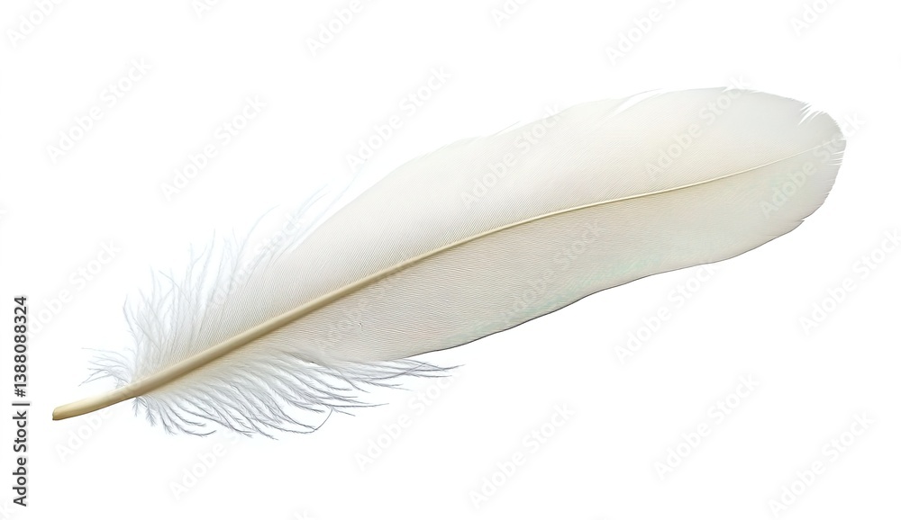 Obraz premium A single white feather floating in mid-air against a pure white background, soft lighting accentuating delicate curves and wispy texture, minimalist elegance.