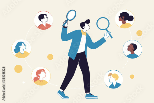 Recruitment finding candidate for job applicant, human resources HR analyze or scan candidate winner, search new people for job opportunity concept, HR recruiter magnifying glass analyze candidate.