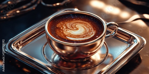 Explore the universe within a cup of coffee resting on a sleek chrome tray in a modern setting