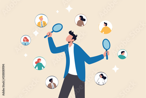 Recruitment finding candidate for job applicant, human resources HR analyze or scan candidate winner, search new people for job opportunity concept, HR recruiter magnifying glass analyze candidate.