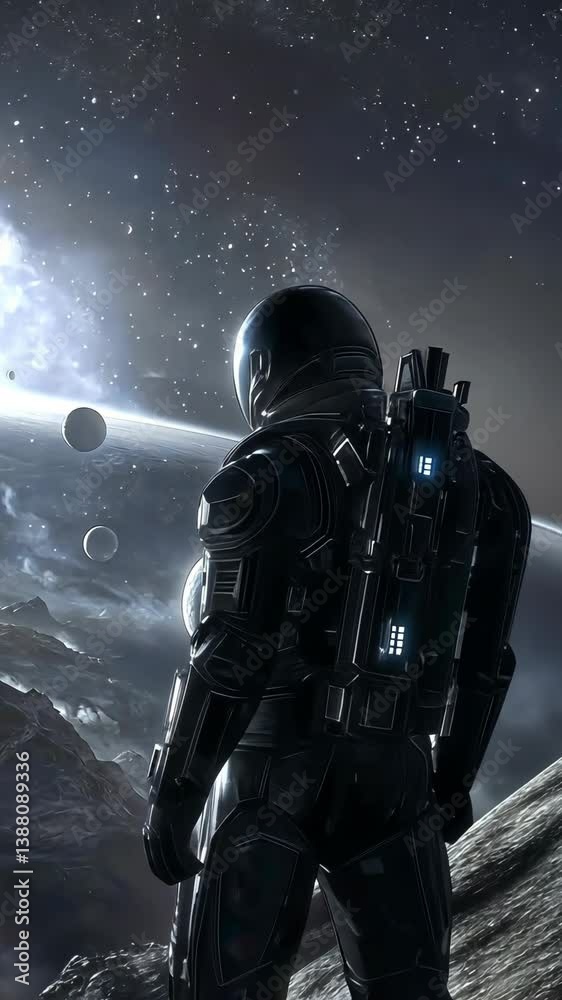 Astronaut gazing at distant planets from a rocky moon in deep space during a cosmic exploration mission Astronaut gazing at distant planets from a rocky moon in deep space during a cosmic exploration mission