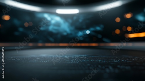 A futuristic, blurred studio background with glowing lights and abstract textures, creating a tech-inspired atmosphere.