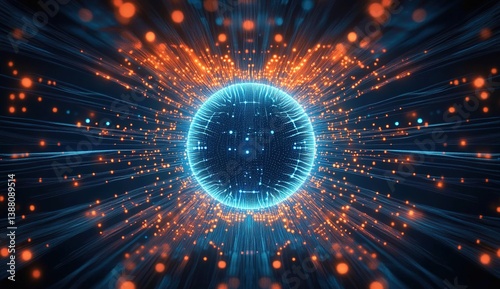Futuristic blue and orange light sphere with undulating waves and particle effects, dynamic geometric composition, abstract technological aesthetic with vibrant energy.