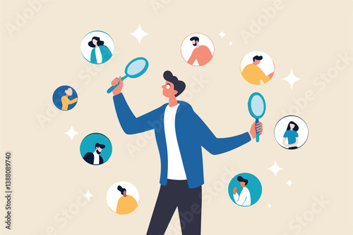 Recruitment finding candidate for job applicant, human resources HR analyze or scan candidate winner, search new people for job opportunity concept, HR recruiter magnifying glass analyze candidate.