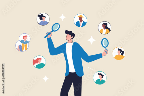 Recruitment finding candidate for job applicant, human resources HR analyze or scan candidate winner, search new people for job opportunity concept, HR recruiter magnifying glass analyze candidate.