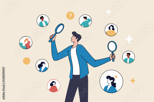 Recruitment finding candidate for job applicant, human resources HR analyze or scan candidate winner, search new people for job opportunity concept, HR recruiter magnifying glass analyze candidate.