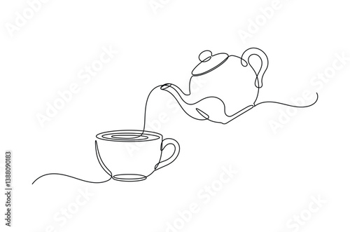 Teapot pouring tea to cup continuous one line drawing, Minimalist single line art of teapot, Editable stroke, isolated on a transparent background