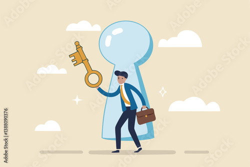 Success secret key discovery, job offer or career opportunity, unlock key to solve problem, leadership key success concept, businessman open door from keyhole to offer secret golden unlock key.