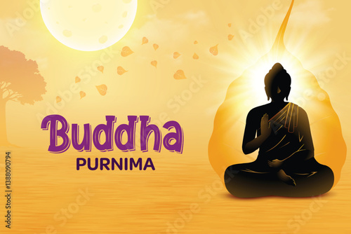 Buddha Silhouette Meditating With Peepal Tree Leaf Behind On Full Moon Day Yellow Color Background. Concept Design Vector Illustration For  Buddha Purnima Festival.