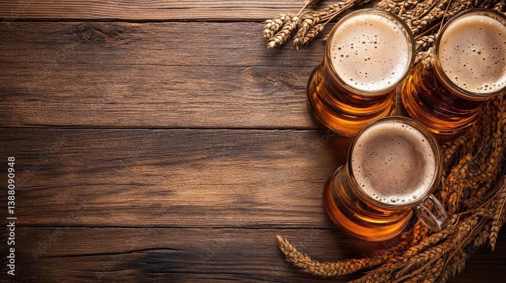 Three glasses of light amber beer on a wooden table Three glasses of light amber beer on a wooden table
