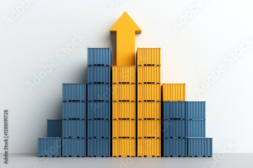 Shipping containers stacked as a growing bar chart with upward arrow symbolizing economic growth