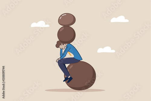 Burden, obligation to pay off, heavy stress, problem or difficulty, work pressure, thinking to make a decision, overload of duty or overthinking concept, a businessman thinking with a he boulder rock.