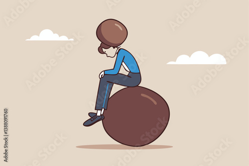 Burden, obligation to pay off, heavy stress, problem or difficulty, work pressure, thinking to make a decision, overload of duty or overthinking concept, a businessman thinking with a he boulder rock.
