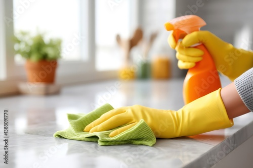 Housekeeper cleaning kitchen counter with disinfectant spray and microfiber cloth