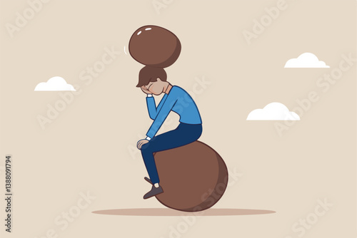 Burden, obligation to pay off, heavy stress, problem or difficulty, work pressure, thinking to make a decision, overload of duty or overthinking concept, a businessman thinking with a he boulder rock.