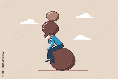 Burden, obligation to pay off, heavy stress, problem or difficulty, work pressure, thinking to make a decision, overload of duty or overthinking concept, a businessman thinking with a he boulder rock.