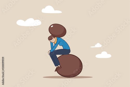 Burden, obligation to pay off, heavy stress, problem or difficulty, work pressure, thinking to make a decision, overload of duty or overthinking concept, a businessman thinking with a he boulder rock.