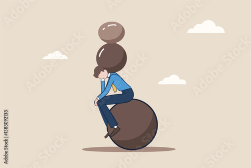 Burden, obligation to pay off, heavy stress, problem or difficulty, work pressure, thinking to make a decision, overload of duty or overthinking concept, a businessman thinking with a he boulder rock.