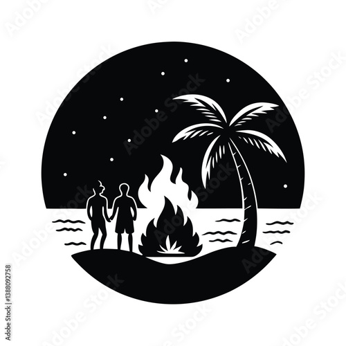 Beach bonfire party Isolated Black Vector Silhouette Illustration With White Background