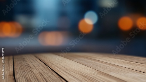 A close-up of a wooden table with a blurred background creating a cozy atmosphere with warm bokeh lights.