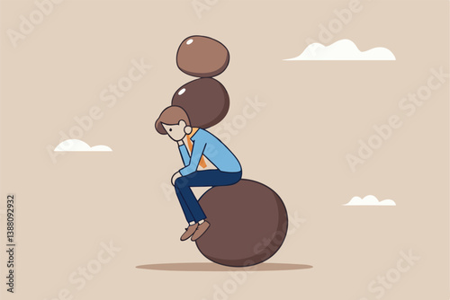 Burden, obligation to pay off, heavy stress, problem or difficulty, work pressure, thinking to make a decision, overload of duty or overthinking concept, a businessman thinking with a he boulder rock.