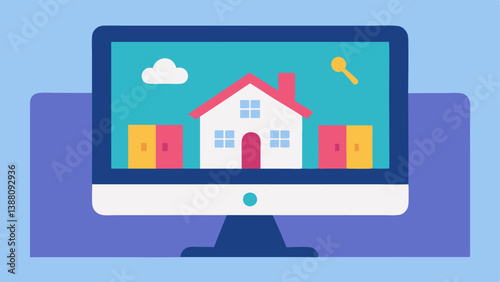 Digital Home Sale A computer screen displaying a colorful digital house and For Sale sign representing online real estate listings powered by blockchain technology.
