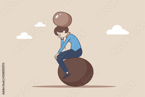 Burden, obligation to pay off, heavy stress, problem or difficulty, work pressure, thinking to make a decision, overload of duty or overthinking concept, a businessman thinking with a he boulder rock.